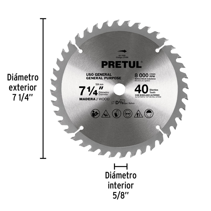 Disco sierra 7-1/4' p/madera, 40 dientes centro 5/8', Pretul 27056 ST-740P