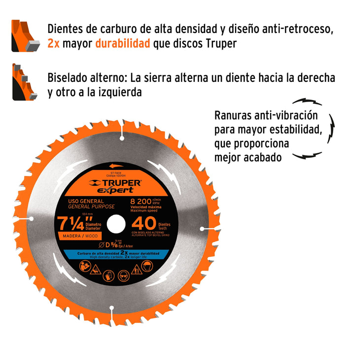 Disco sierra 7- 1/4' para madera, 40 dientes centro 5/8' 18301 ST-740