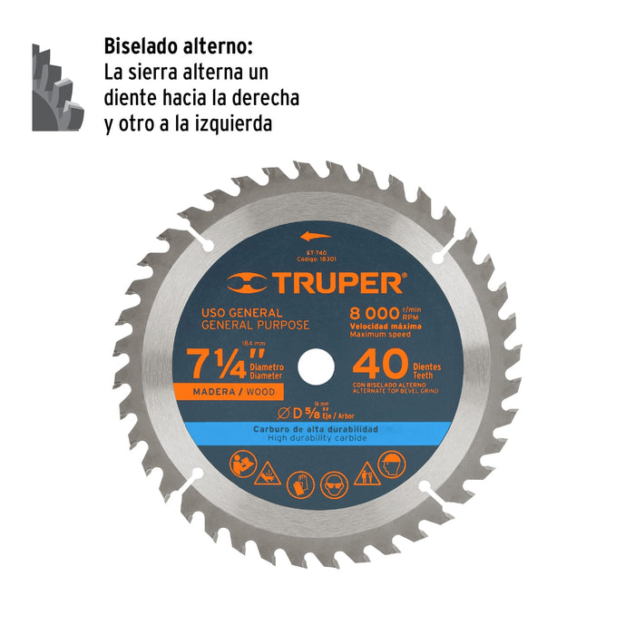 Disco sierra 7- 1/4' para madera, 40 dientes centro 5/8' 18301 ST-740