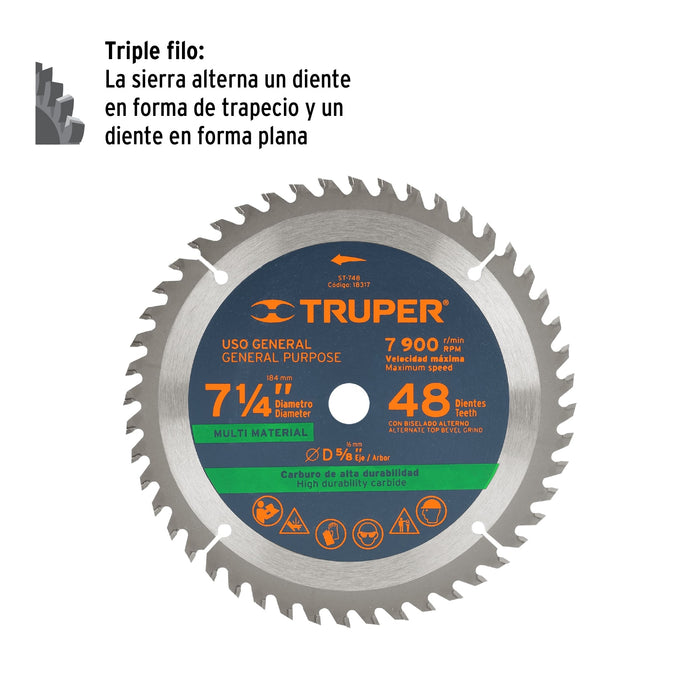 Disco sierra 7-1/4' multimaterial, 48 dientes centro 5/8' 18317 ST-748