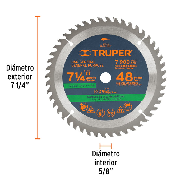 Disco sierra 7-1/4' multimaterial, 48 dientes centro 5/8' 18317 ST-748