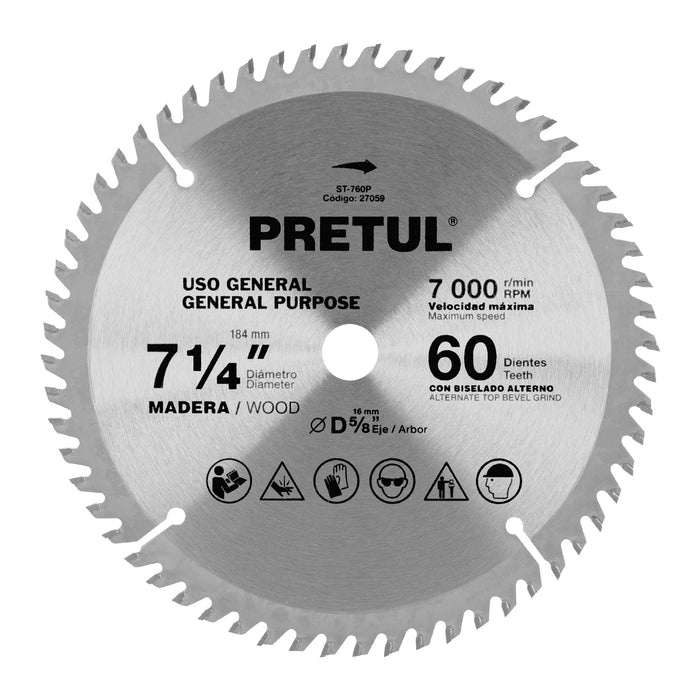 Disco sierra 7-1/4' p/madera, 60 dientes centro 5/8', Pretul 27059 ST-760P