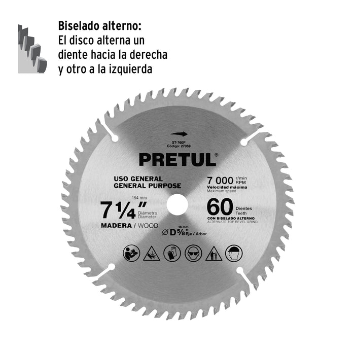 Disco sierra 7-1/4' p/madera, 60 dientes centro 5/8', Pretul 27059 ST-760P