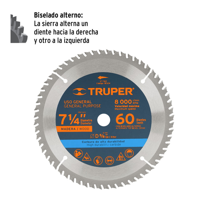 Disco sierra 7- 1/4' para madera, 60 dientes centro 5/8' 18324 ST-760