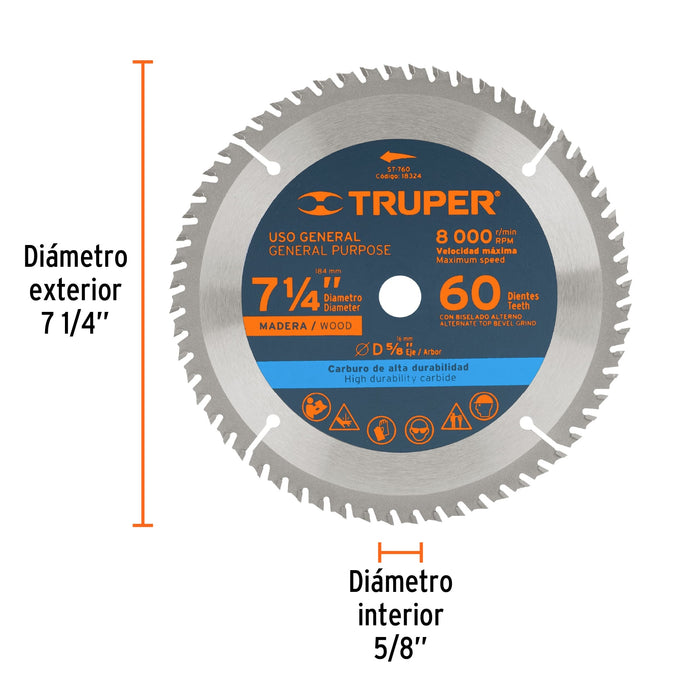 Disco sierra 7- 1/4' para madera, 60 dientes centro 5/8' 18324 ST-760