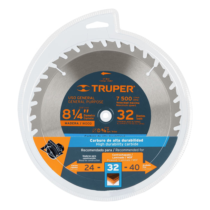 Disco sierra 8-1/4' para madera, 32 dientes centro 5/8' 12682 ST-832