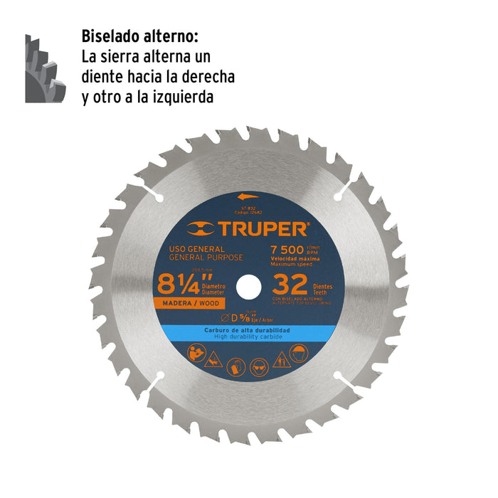 Disco sierra 8-1/4' para madera, 32 dientes centro 5/8' 12682 ST-832