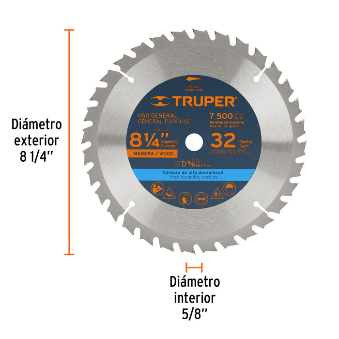 Disco sierra 8-1/4' para madera, 32 dientes centro 5/8' 12682 ST-832