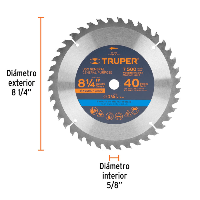 Disco sierra 8-1/4' para madera, 40 dientes centro 5/8' 18303 ST-840