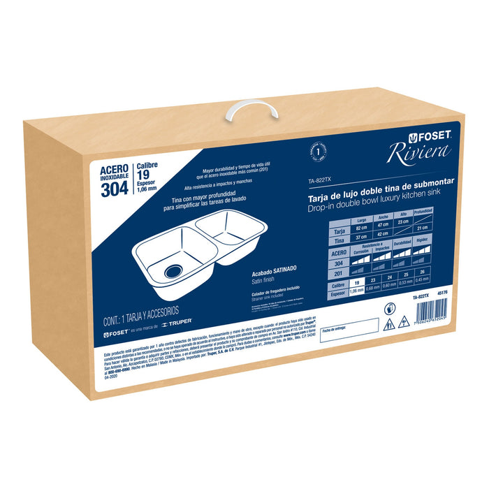 Tarja de submontar 82x47x23cm doble tina, Foset Riviera 45176