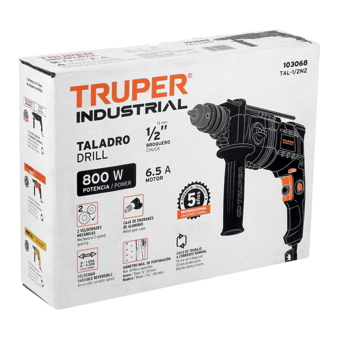 Taladro 1/2' 800 W dos velocidades, industrial, Truper Código: 103068