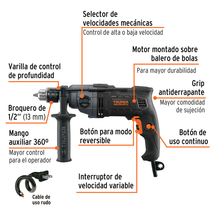 Taladro 1/2' 800 W dos velocidades, industrial, Truper Código: 103068
