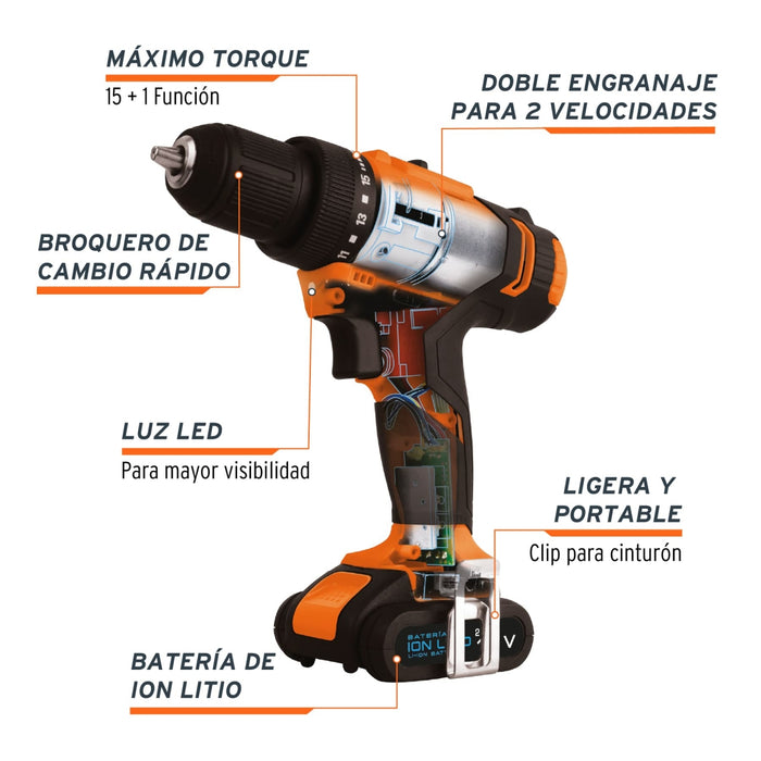 Taladro inalámbrico 3/8', 12 V, Truper 18153 TALI-12A2