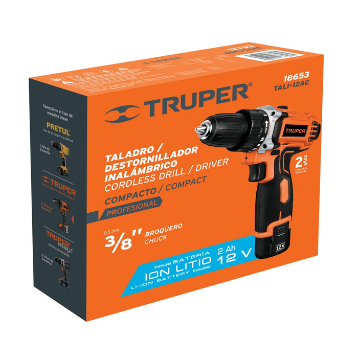 Taladro compacto inalámbrico 3/8', 12 V, Truper 18653 TALI-12AC