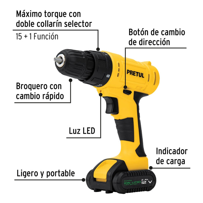 Taladro inalámbrico 3/8', 12 V, Pretul 29975 TALI-12P