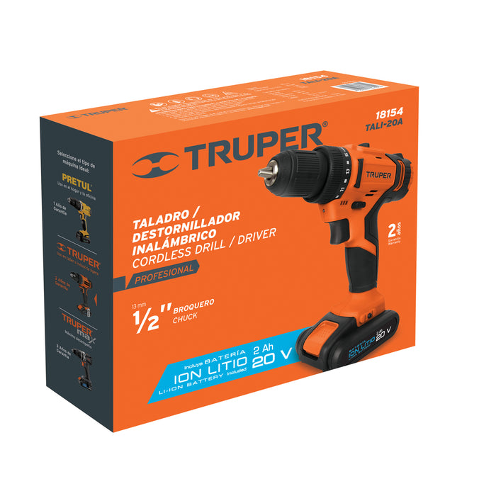 Taladro inalámbrico 1/2', 20 V, Truper 18154 TALI-20A