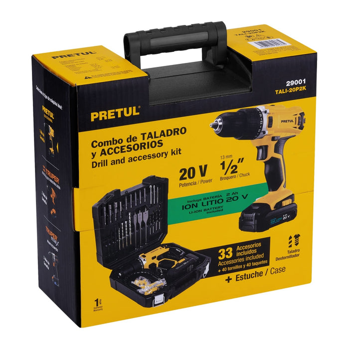 Kit taladro inalámbrico 1/2', 20 V y 32 accesorios, Pretul 29001 TALI-20P2K