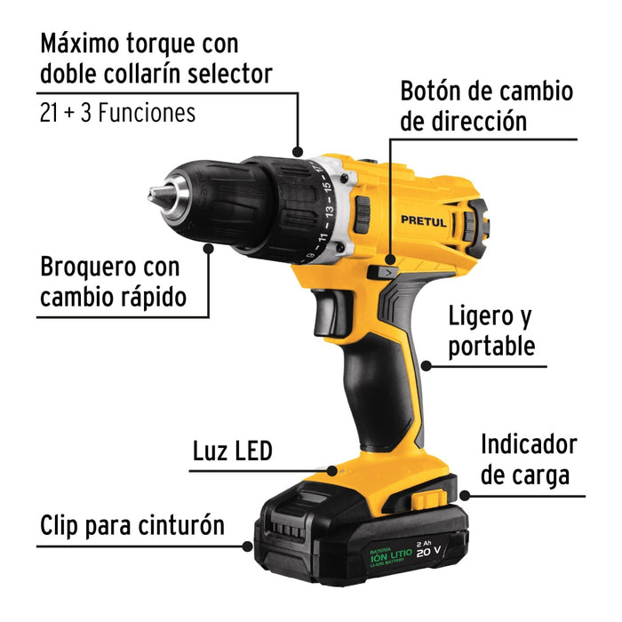 Taladro inalámbrico 1/2', 20 V, Pretul 26118 TALI-20P2