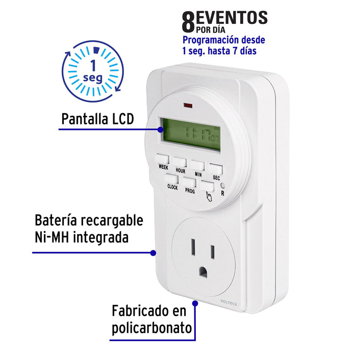 Temporizador digital, 8 eventos, Volteck 48386