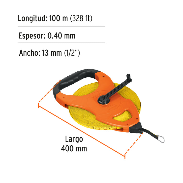 Cinta larga 100 m de fibra de vidrio, tipo cruceta, Truper 12645 TFC-100ME