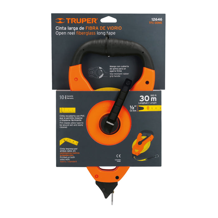 Cinta larga 30 m de fibra de vidrio, tipo cruceta, Truper 12646 TFC-30ME