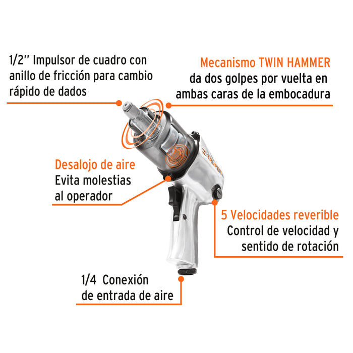 Llave de impacto neumática 1/2', industrial, Truper 11187 TPN-734H-2