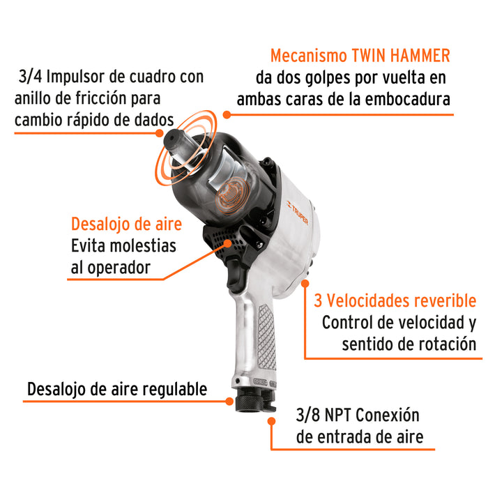 Llave de impacto neumática 3/4', industrial, Truper 16889 TPN-776X-2