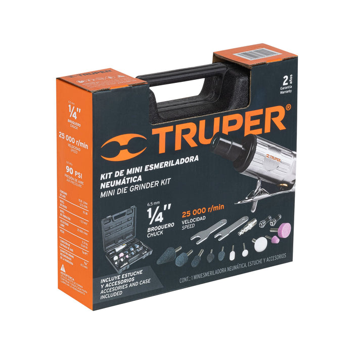 Kit de mini esmeriladora 1/4' con estuche plástico, Truper 16887 TPN-876K-2